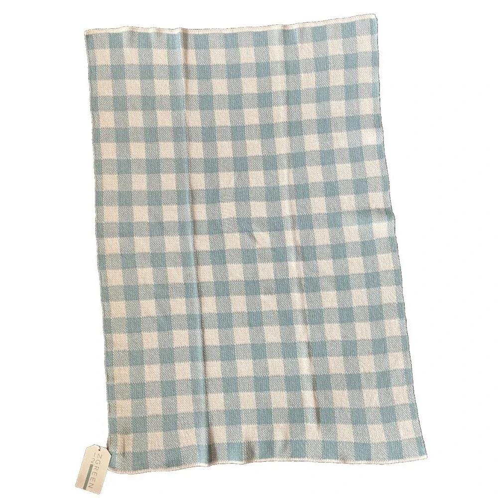 IN2GREEN Baby Blanket Recycled Cotton BLUE White Check Approximately 32x44 NWT